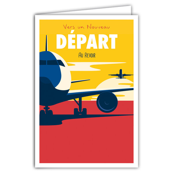 Carte Nouveau Départ Au Revoir avec Enveloppe  Mini Posters Format 17x11 5cm  Bonne Continuation Retraite Déménagement Changement Vie Voyage Avion Soleil Rétro Vintage Jaune/Rouge/Bleue