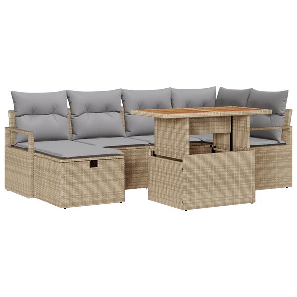Ensemble de canapé de jardin 7 pièces avec coussins en rotin poly beige