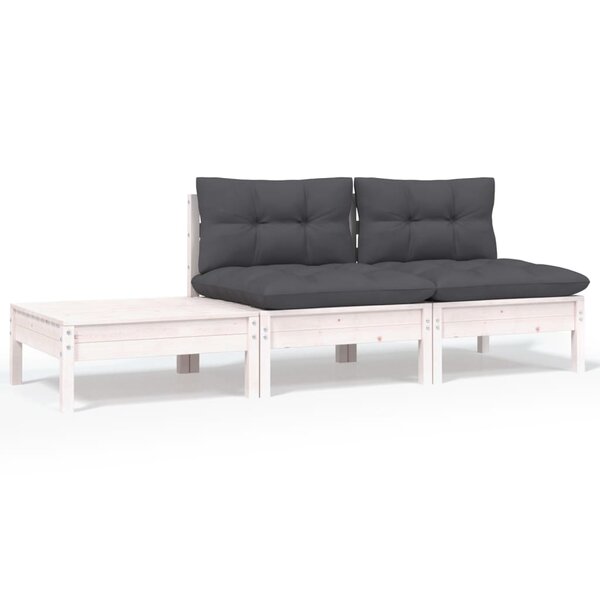 vidaXL Salon de jardin 3 Pièces avec coussins Blanc Bois de pin massif