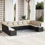vidaXL Ensemble de Canapés de Jardin 10 Pièces avec Coussins Noir Poly Rattan
