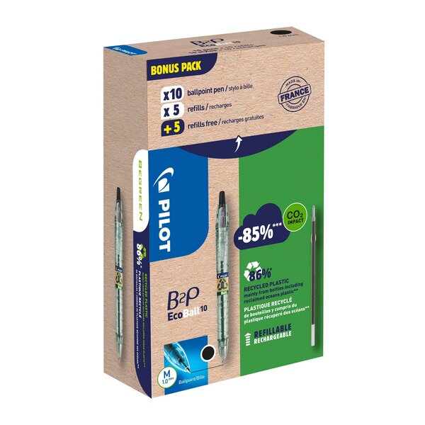 Pack de 10 stylos bille b2p ecoball pilot + 10 recharges dont 5 offertes - noir