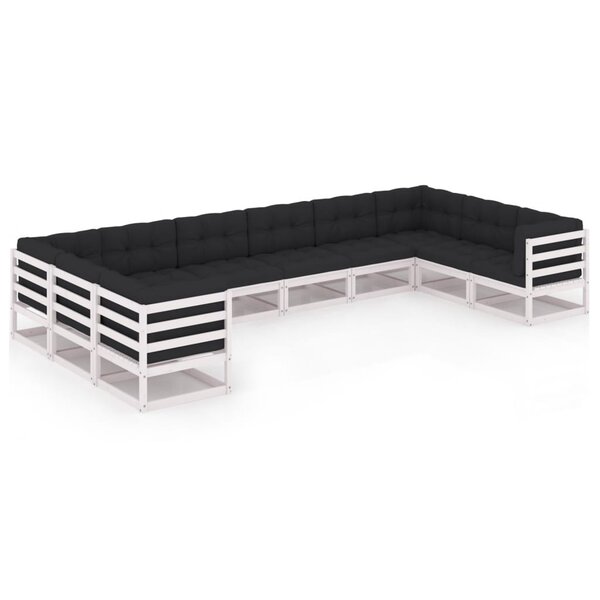 vidaXL Salon de jardin 10 Pièces avec coussins Blanc Bois de pin massif
