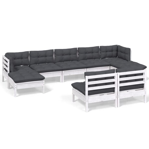 vidaXL Salon de jardin 9 Pièces avec coussins blanc bois de pin