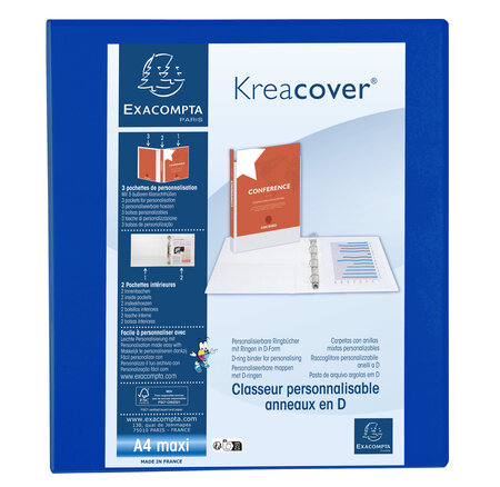 Classeur Pp Personnalisable Kreacover - 4 Anneaux En D 40mm - A4 Maxi - Bleu - X 10 - Exacompta