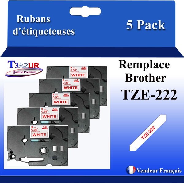 5x Rubans d'étiqueteuses compatibles avec Brother Tze222 Tze-222 pour étiqueteuses P-touch - Texte rouge sur fond blanc - Largeur 9 mm x 8 mètres - T3AZUR