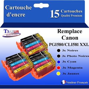 T3AZUR - 15x Cartouches compatibles avec Canon PGI-580 CLI-581 XXL pour Canon Pixma TS8251 TS8252 TS8300 TS8350 TS8351 TS8352 TS9100 TS9150