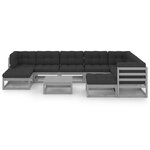Salon de jardin meuble d'extérieur ensemble de mobilier 10 pièces avec coussins gris bois de pin massif 02_0015029