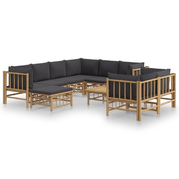 vidaXL Salon de jardin 10 Pièces avec coussins gris foncé bambou