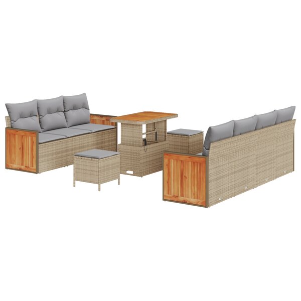 Ensemble de Canapé de Jardin 10 Pièces avec Coussins Beige Rattan Poly Acacia