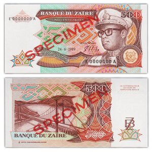 Billet de collection 500 zaires 1989 zaire - neuf - p34s specimen
