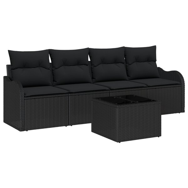 Canapé de jardin 5 pièces avec coussins noir en poly rotin
