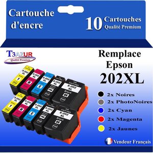 T3AZUR- 10 Cartouches Compatibles avec Epson 202 202XL pour Epson Expression Premium XP6000 XP6005 XP6100 XP6105