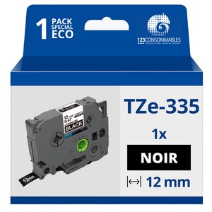 Ruban compatible Brother TZe335 - Texte blanc sur fond noir - Largeur 12 mm x 8 mètres