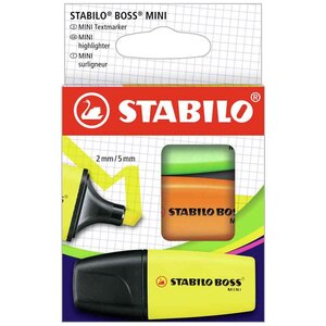 Surligneur BOSS MINI étui en carton de 3 jaune vert et orange STABILO