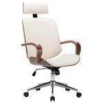 Chaise fauteuil siège de bureau informatique étude avec appuie-tête similicuir et bois crème 02_0023984