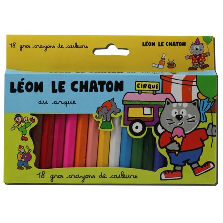 18 gros crayons de couleurs - léon le chaton - ulmann