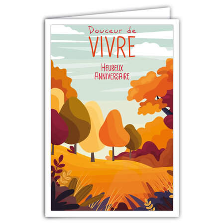 Carte Heureux Anniversaire avec Enveloppe - Mini Poster Format 17x11 5cm Style Rétro Vintage - Douceur de Vivre Arbres Forêt Couleurs Automne Nature - Fabriquée en France