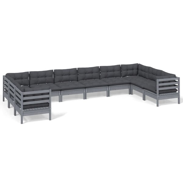 vidaXL Salon de jardin 10 Pièces avec coussins gris bois de pin