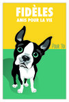 Carte CHIEN avec Enveloppe - Affichette Mini Poster Format 17x11 5cm Style Rétro Vintage Illustration Graphique - Fidèles Amis pour la Vie Pour Toi Chiot Bouledogue Bulldog Vert Jaune