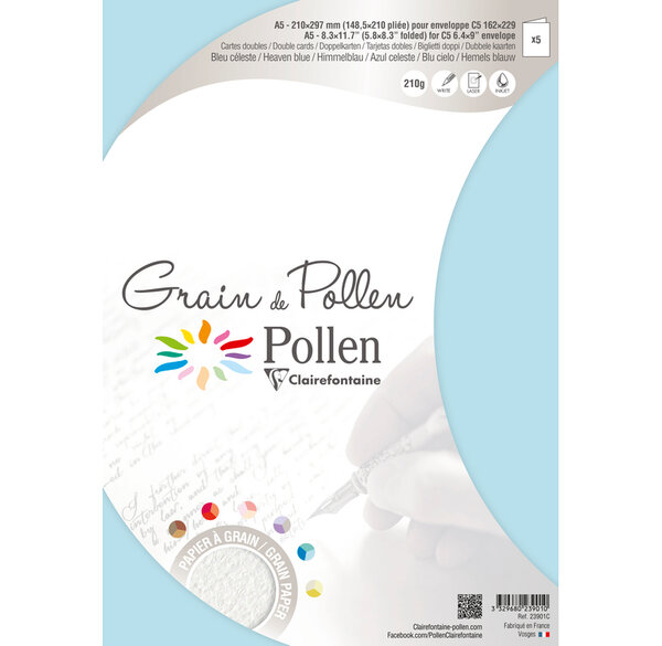 Etui de 5 cartes pliées grain de pollen 148 5x210 bleu celeste clairefontaine