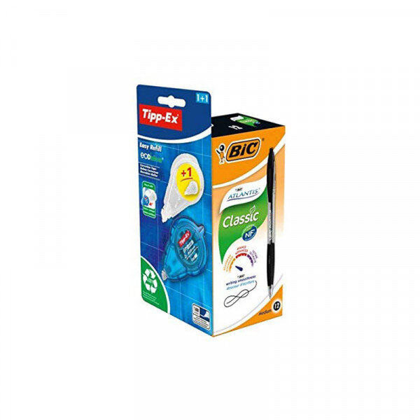 Pack de 12 stylos bille noir atlantis + ruban correcteur bic