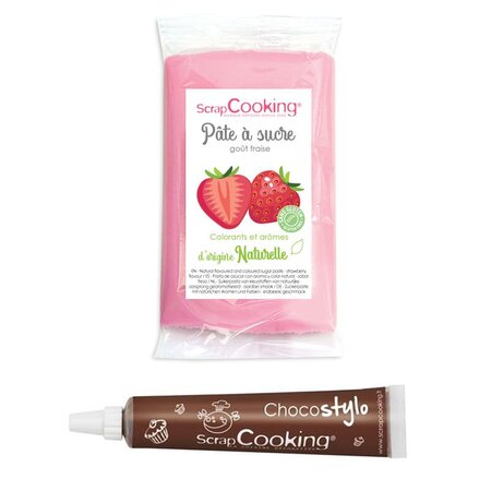 Pâte à sucre rose 250 g arôme fraise + Stylo chocolat