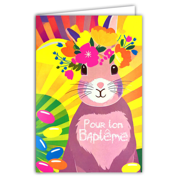 Carte FLUO Félicitations pour ton BAPTÊME Dragées Lapin Avec Enveloppe 12x17,5cm