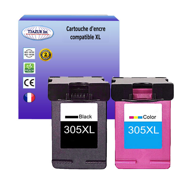 T3azur - 1+1 cartouches d'encre compatibles remplace hp 305 305xl noire+ couleur pour hp deskjet plus 4110 4110e 4120 4120e