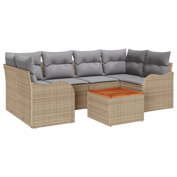 Set de Canapé de Jardin 7 Pièces avec Coussins Beige Poly Rattan Acacia