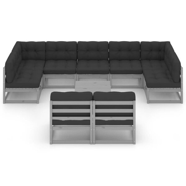 Salon de jardin meuble d'extérieur ensemble de mobilier 10 pièces avec coussins gris bois de pin massif 02_0015026
