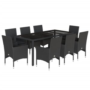 vidaXL Ensemble à manger de jardin et coussins 9 Pièces noir rotin verre