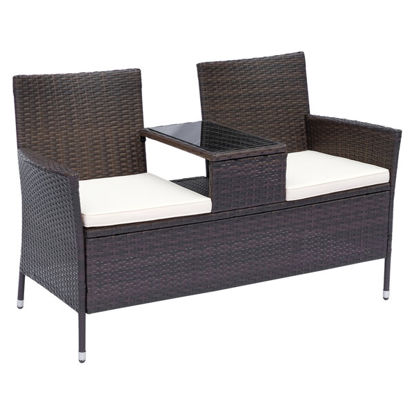 Banc de jardin design contemporain 133L x 63l x 84H cm banc double chaise avec coussins assise + tablette intégrée résine tressée chocolat polyester crème