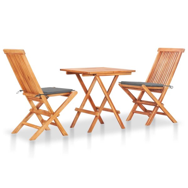 Ensemble de bistro jardin meuble extérieur terrasse 3 pièces avec coussins gris bois de teck massif 02_0013515
