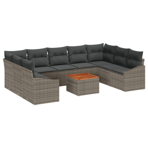 vidaXL Ensemble de canapés de jardin 10 pièces avec coussins Gris Poly Rattan Acacia