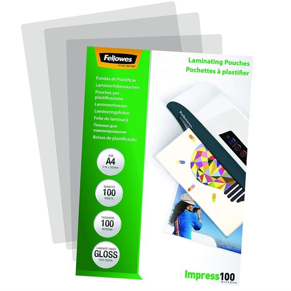 Paquet de 100 pochettes de plastification A4 brillantes 100 microns FELLOWES