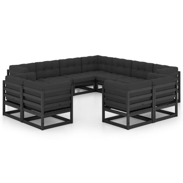 vidaXL Salon de jardin 11 Pièces avec coussins Noir Bois de pin massif