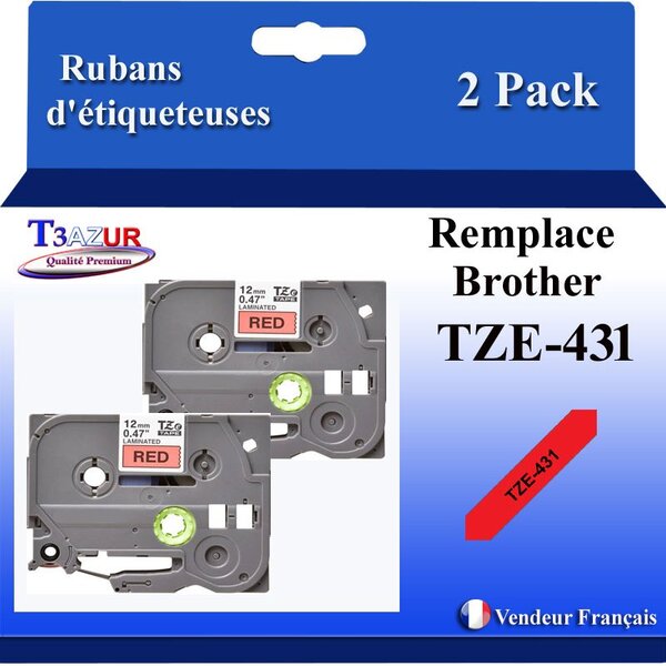 2x Rubans d'étiqueteuses compatibles avec Brother Tze431 Tze-431 pour étiqueteuses P-touch - Texte noir sur fond rouge - Largeur 12 mm x 8 mètres - T3AZUR