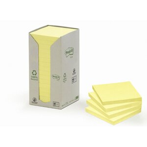 Tour de Notes adhésives, 100 feuilles, papier recyclé, jaune, 76 x 76 mm (paquet 16 blocs)