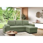 Canapé d'angle convertible réversible VALDO 3-4 places - Tissu Neve Sauge - Tablette USB - Coffre + Pouf - 247 x 143 x 86 cm