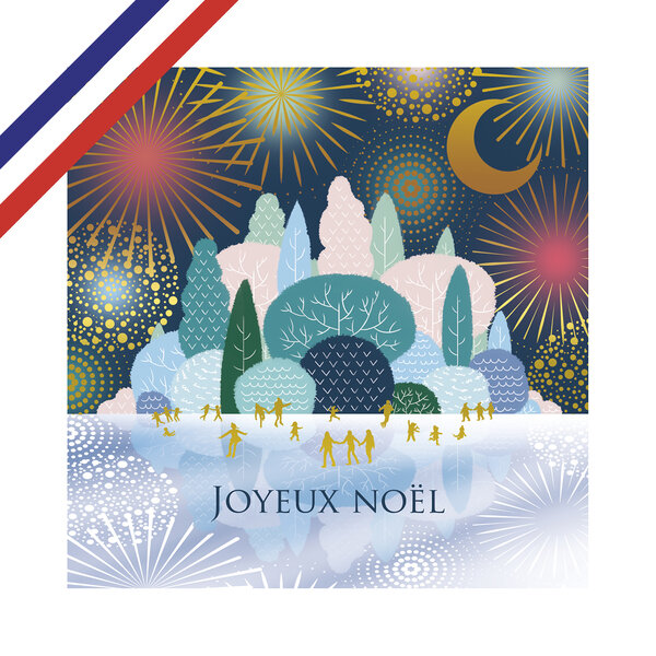 Carte simple joyeux noël forêt et feu d'artifice
