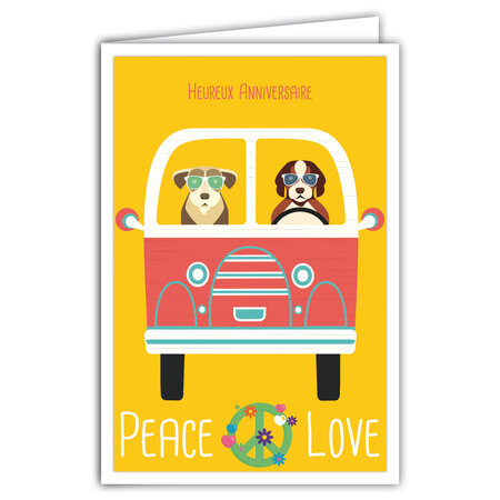 Carte Heureux Anniversaire avec Enveloppe - Mini Posters Format 17x11 5cm - Peace and Love Automobile - Voiture de Collection Chiens Lunettes Rétro Vintage - Fabriquée en France
