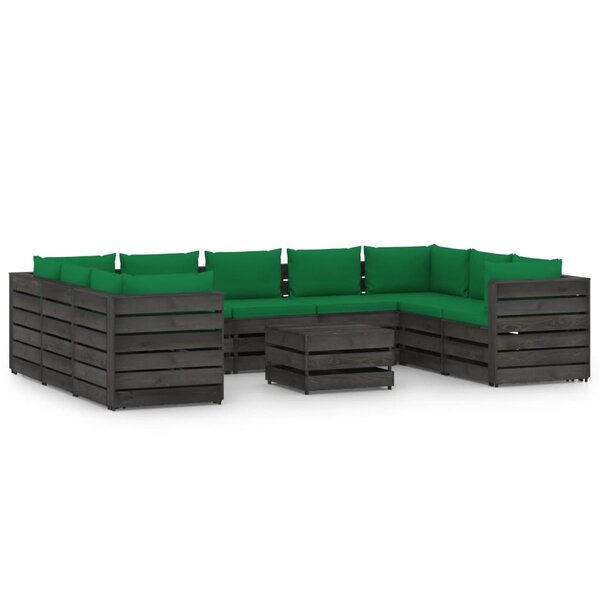 vidaXL Salon de jardin 10 Pièces avec coussins Bois imprégné de gris