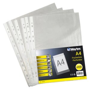 Chemise Pochette perforée A4 transparent grainé 40 mic sachet de 100 WAYTEX