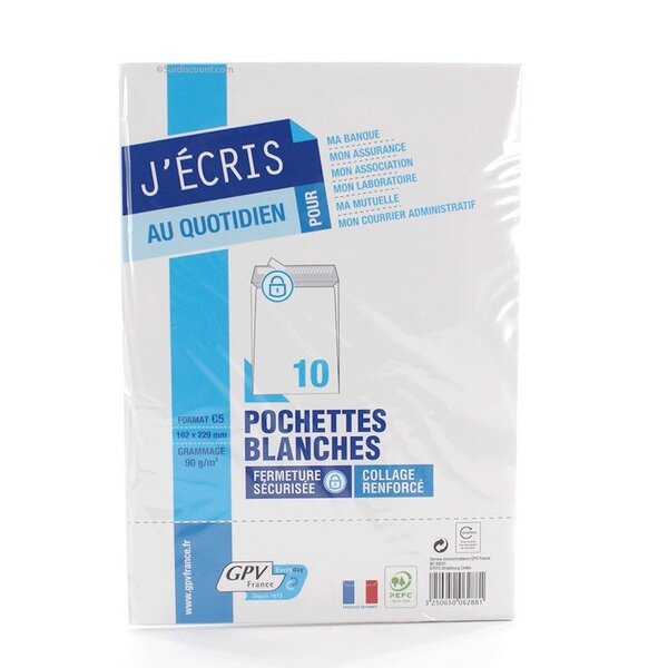 10 enveloppes blanches - 162x229 mm - 90g - gpv 6288