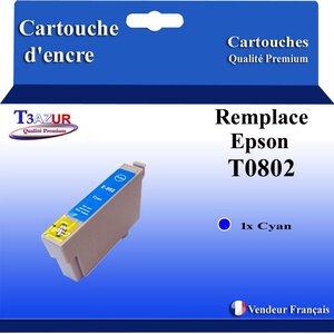 T3AZUR- Cartouche Compatible avec Epson T0802 remplace Epson Stylus Photo R217 R265 R276 R285 R360 R685 Cyan