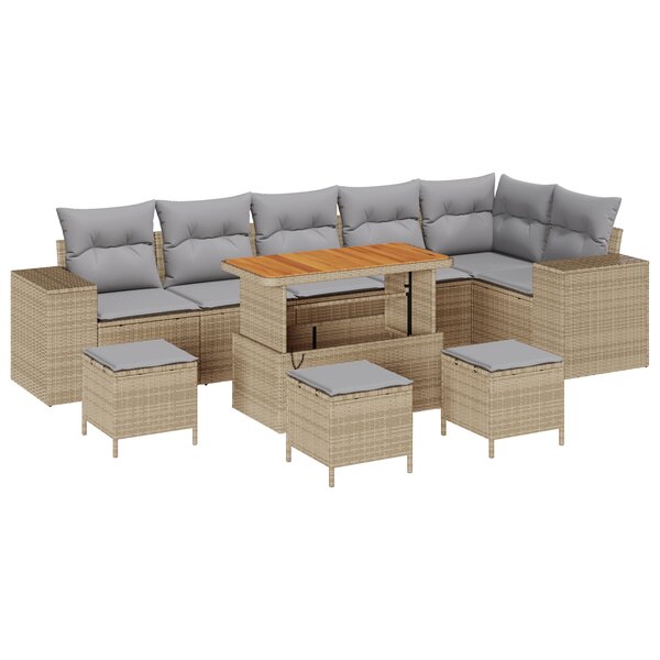 Canapé de jardin en poly rattan beige de 10 pièces avec coussins