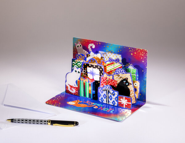 Carte pop'up fin d'année- joyeux noël- des chats et des cadeaux