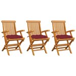 vidaXL Chaises de jardin avec coussins rouge bordeaux lot de 3 Teck