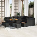 Canapé de Jardin 12 Pièces avec Coussins Noir Rattan Poly Acacia