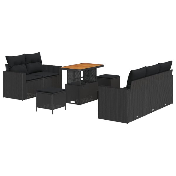 Ensemble de Canapés de Jardin 8 Pièces avec Coussins Rattan Poly Noir Acacia